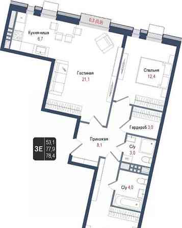 3-комн. квартира, 77.9 м2, 2/8 эт. Королев