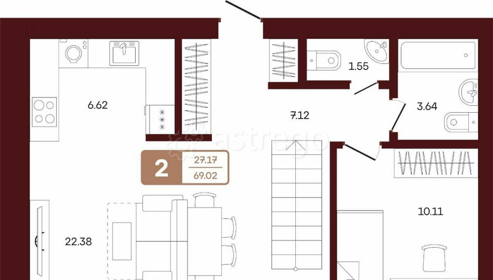 2-комн. квартира, 69.02 м2, 3/3 эт. Иглино - изображение 1