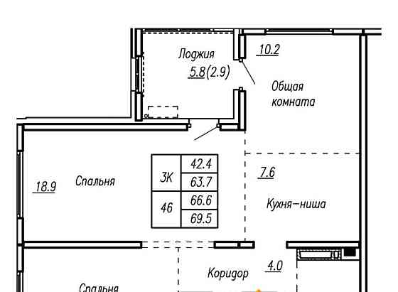 3-комн. квартира, 66.6 м2, 5/22 эт. Барнаул