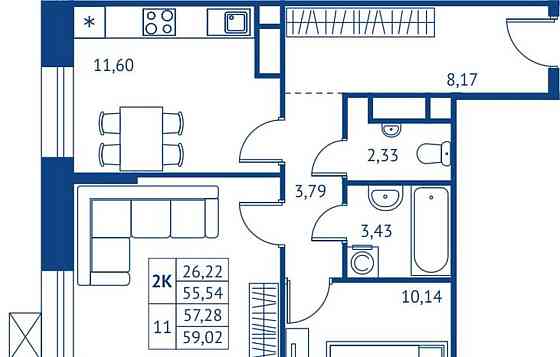 2-комн. квартира, 55.54 м2, 12/22 эт. Королев