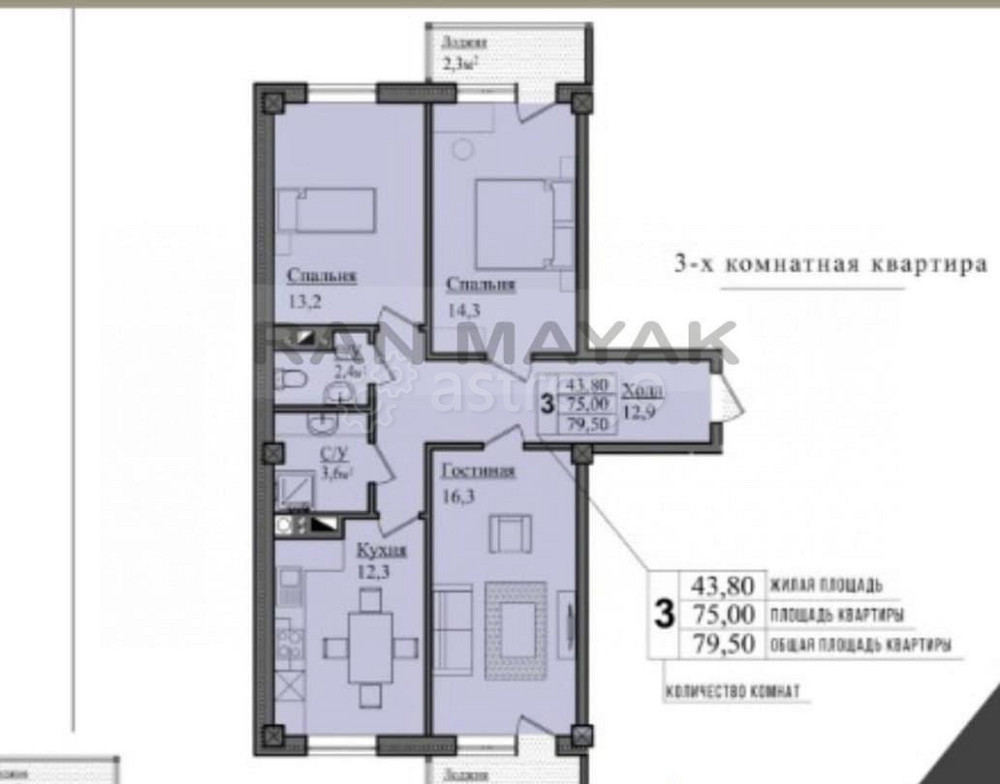 3-комн. квартира, 79.5 м, 1/8 эт. Майкоп - изображение 1