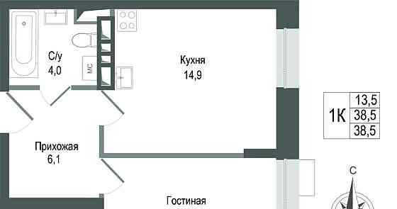 1-комн. квартира, 38.5 м2, 2/8 эт. Королев