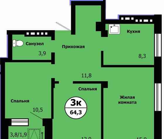 3-комн. квартира, 64.3 м2, 17/19 эт. Красноярск