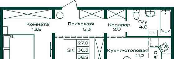 2-комн. квартира, 58.2 м2, 7/8 эт. Майма