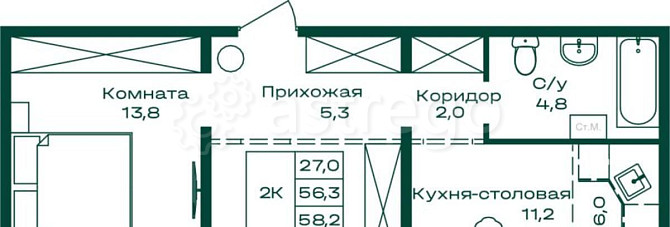 2-комн. квартира, 58.2 м2, 7/8 эт. Майма - изображение 1