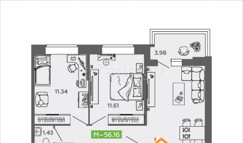 2-комн. квартира, 56.16 м2, 6/9 эт. Северодвинск - изображение 1