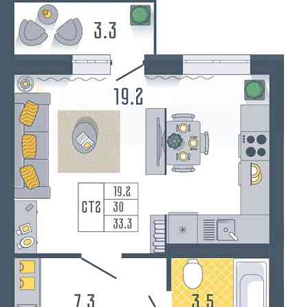 Студия, 33.3 м2, 8/17 эт. Астрахань