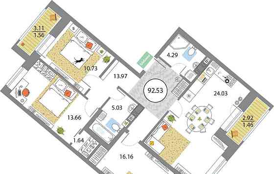 3-комн. квартира, 92.53 м2, 5/12 эт. Санкт-Петербург