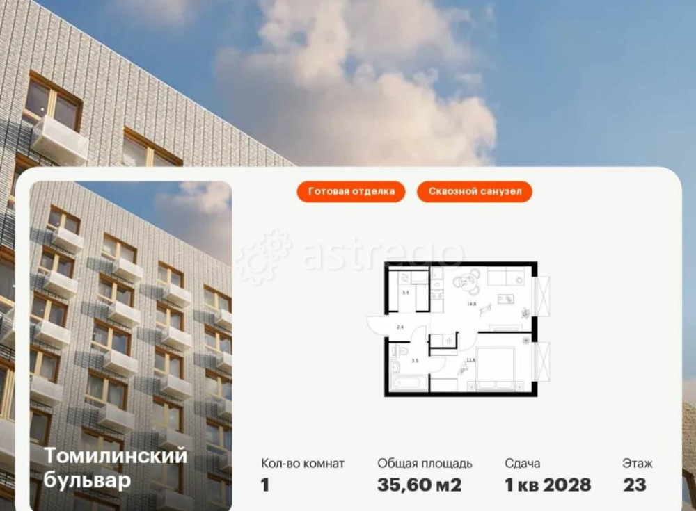 1-комн. квартира, 35.6 м2, 23/25 эт. Котельники - изображение 1