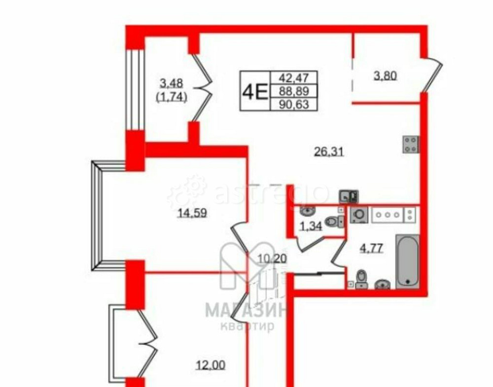 3-комн. квартира, 90.63 м2, 11/11 эт. Санкт-Петербург - изображение 6