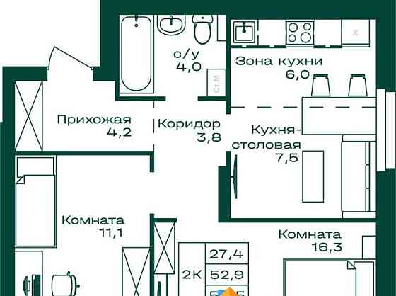 2-комн. квартира, 54.5 м2, 8/8 эт. Майма