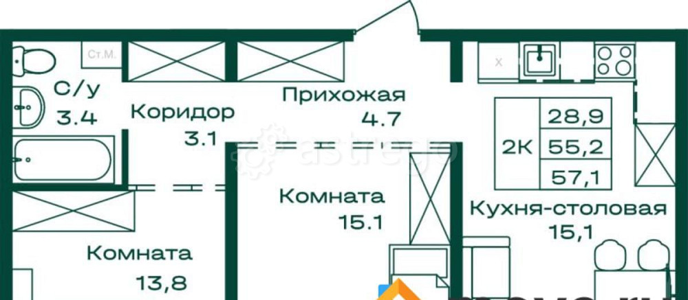 2-комн. квартира, 57.1 м2, 7/8 эт. Майма - изображение 1