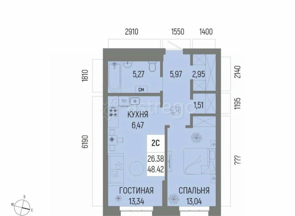 2-комн. квартира, 48.42 м2, 4/22 эт. Уфа - изображение 1