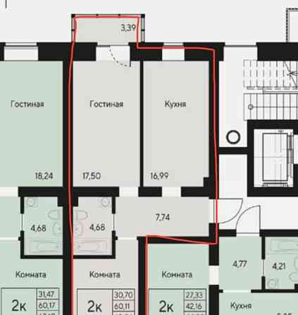 2-комн. квартира, 60 м2, 5/8 эт. Красноярск
