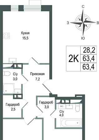 2-комн. квартира, 63.4 м2, 2/8 эт. Королев