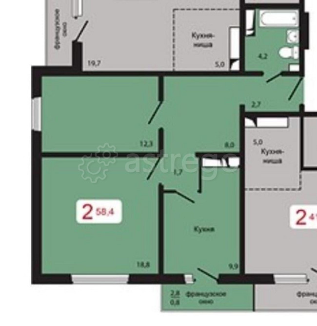 2-комн. квартира, 58.4 м2, 2/17 эт. Красноярск - изображение 1