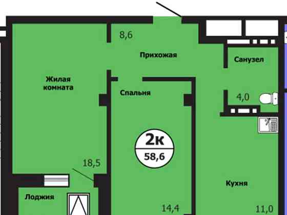 2-комн. квартира, 58.6 м2, 13/19 эт. Красноярск
