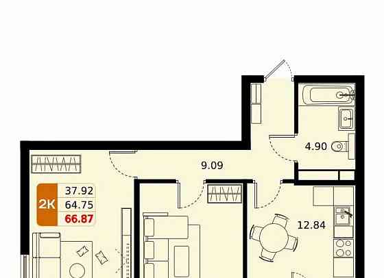 2-комн. квартира, 66.87 м2, 9/17 эт. Домодедово