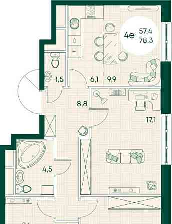 4-комн. квартира, 78.3 м, 9/17 эт. Яблоновский