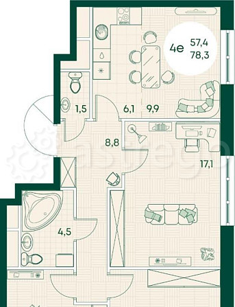 4-комн. квартира, 78.3 м, 9/17 эт. Яблоновский - изображение 1