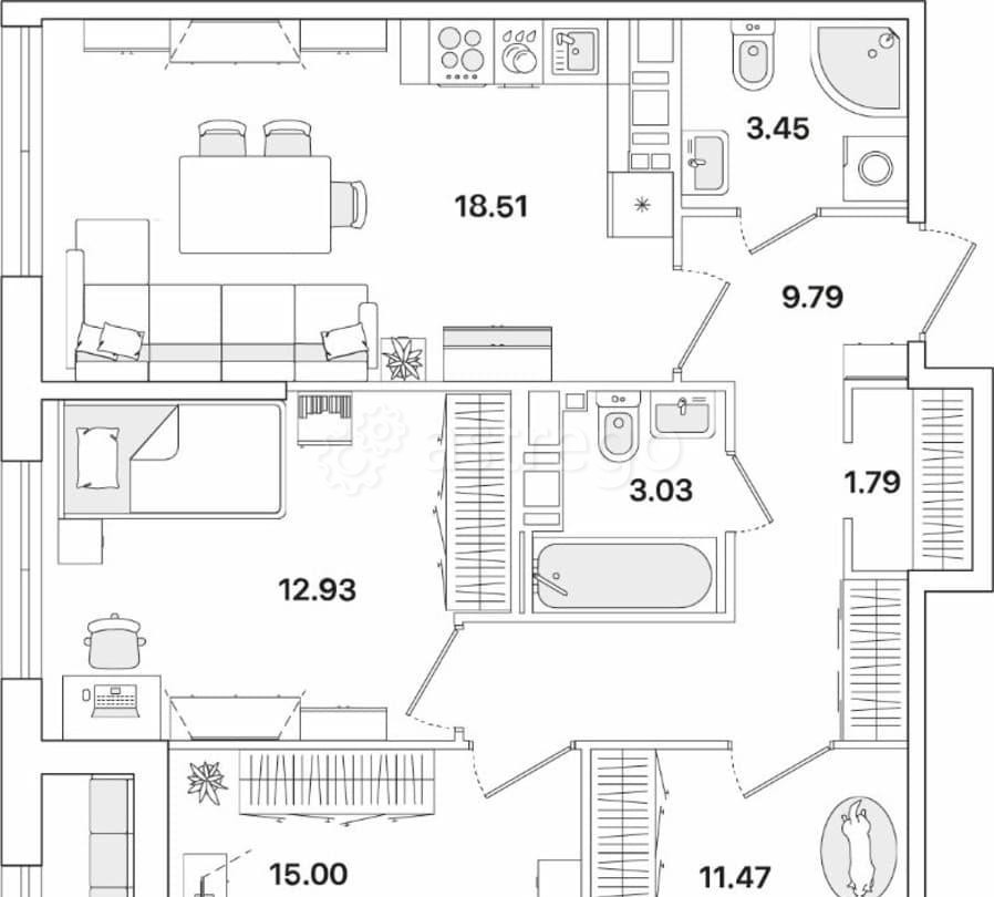 3-комн. квартира, 77.59 м2, 12/12 эт. Санкт-Петербург - изображение 1
