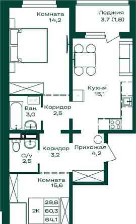 2-комн. квартира, 64.1 м2, 2/8 эт. Майма