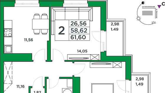 2-комн. квартира, 58.62 м2, 14/24 эт. Уфа