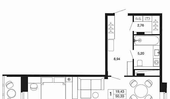 Студия, 50.33 м2, 2/9 эт. Апрелевка