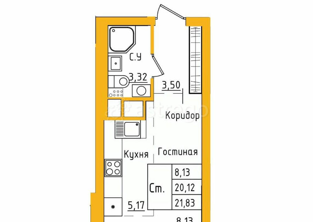 Студия, 21.82 м2, 25/27 эт. Уфа - изображение 1