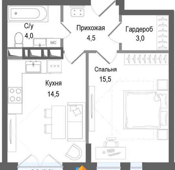 1-комн. квартира, 41.3 м2, 2/8 эт. Королев