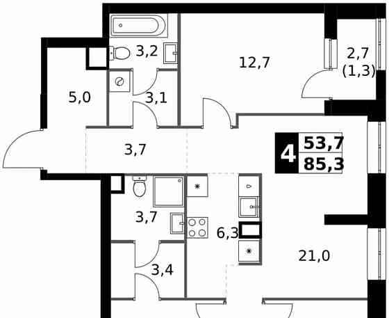 4-комн. квартира, 85.3 м2, 2/32 эт. Москва