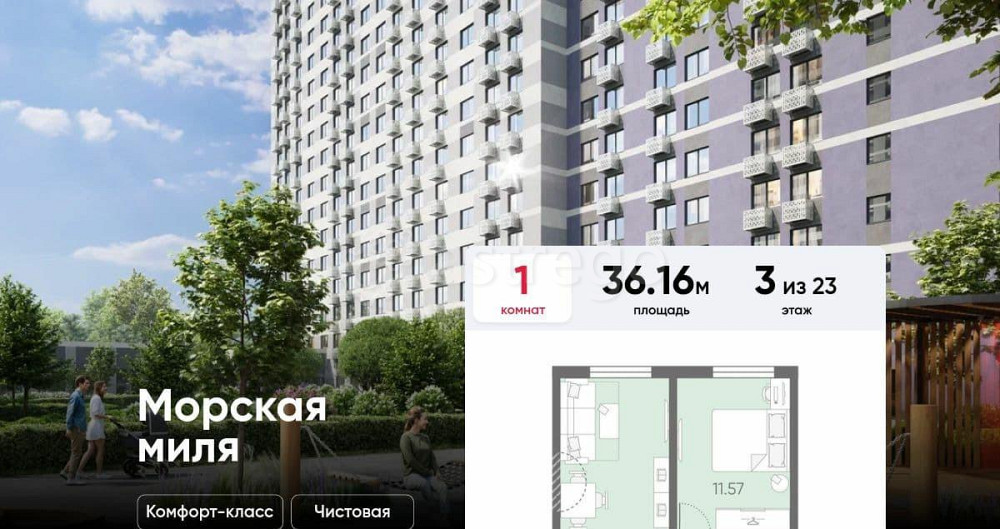 1-комн. квартира, 36.16 м2, 3/22 эт. Санкт-Петербург - изображение 1