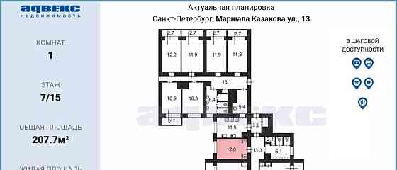 Комната, 12 м2, 7/15 эт. Санкт-Петербург