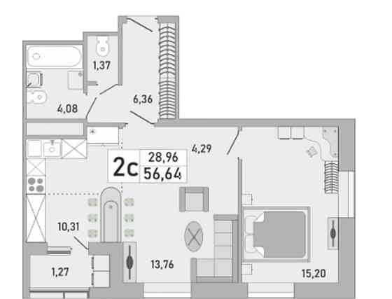 2-комн. квартира, 56 м2, 13/25 эт. Уфа