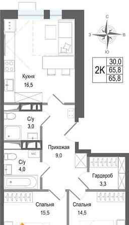 2-комн. квартира, 65.8 м2, 2/8 эт. Королев