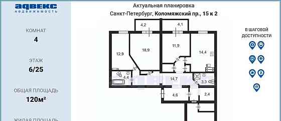 4-комн. квартира, 120 м2, 6/25 эт. Санкт-Петербург