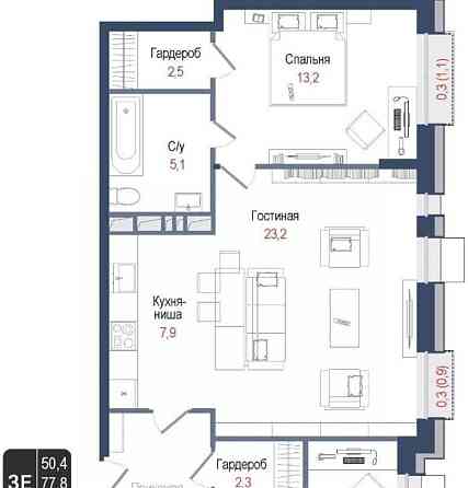3-комн. квартира, 77.8 м2, 2/8 эт. Королев