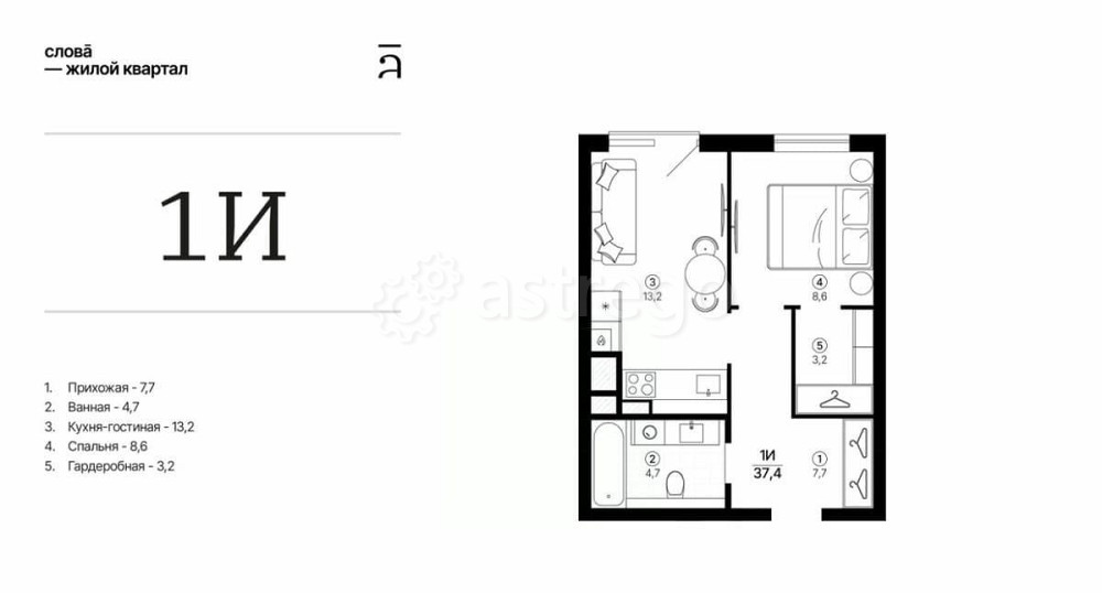 1-комн. квартира, 37.43 м2, 12/25 эт. Астрахань - изображение 1