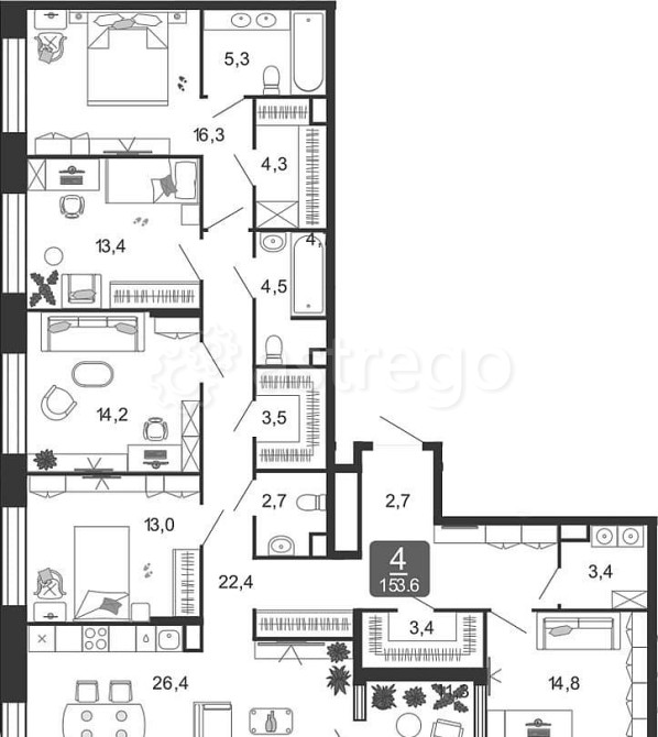 5-комн. квартира, 153.6 м2, 27/27 эт. Москва - изображение 1