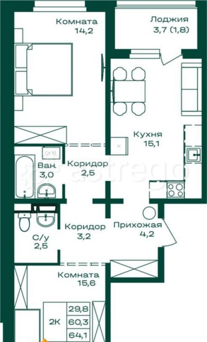 2-комн. квартира, 64.1 м2, 3/8 эт. Майма - изображение 1
