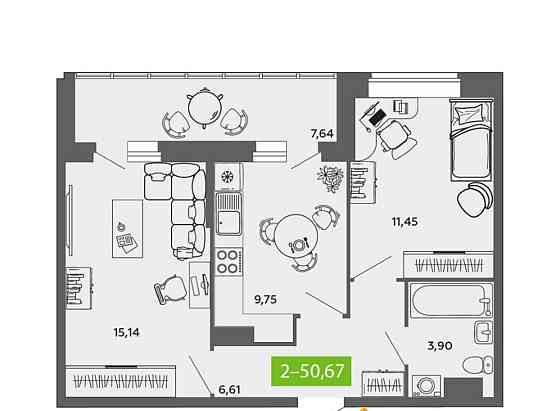 2-комн. квартира, 50.67 м2, 9/9 эт. Северодвинск