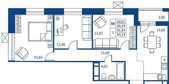 3-комн. квартира, 80.39 м2, 12/22 эт. Королев