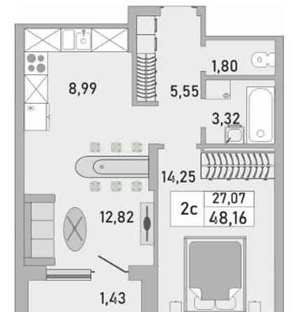 2-комн. квартира, 48 м2, 10/25 эт. Уфа