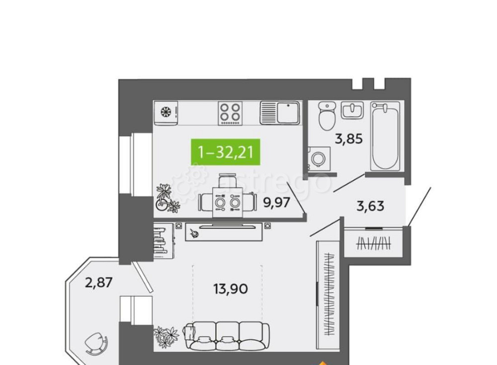 1-комн. квартира, 32.21 м2, 9/9 эт. Северодвинск - изображение 7