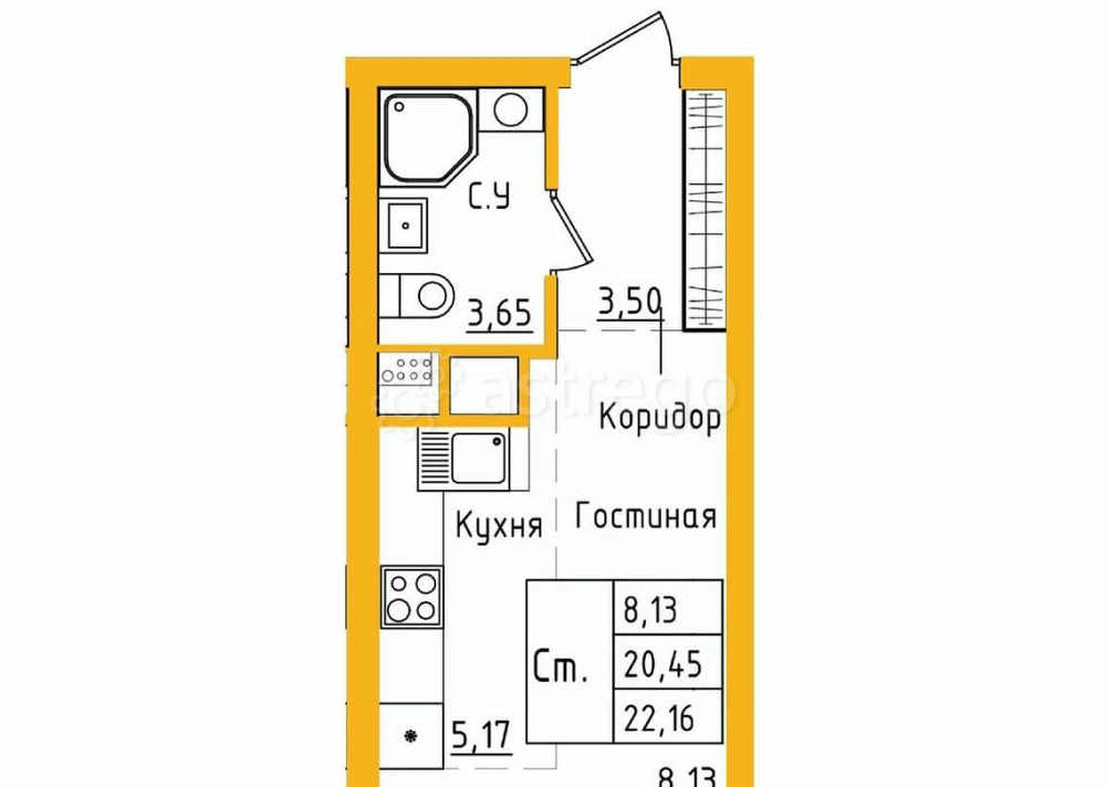 1-комн. квартира, 22.15 м2, 26/27 эт. Уфа - изображение 1