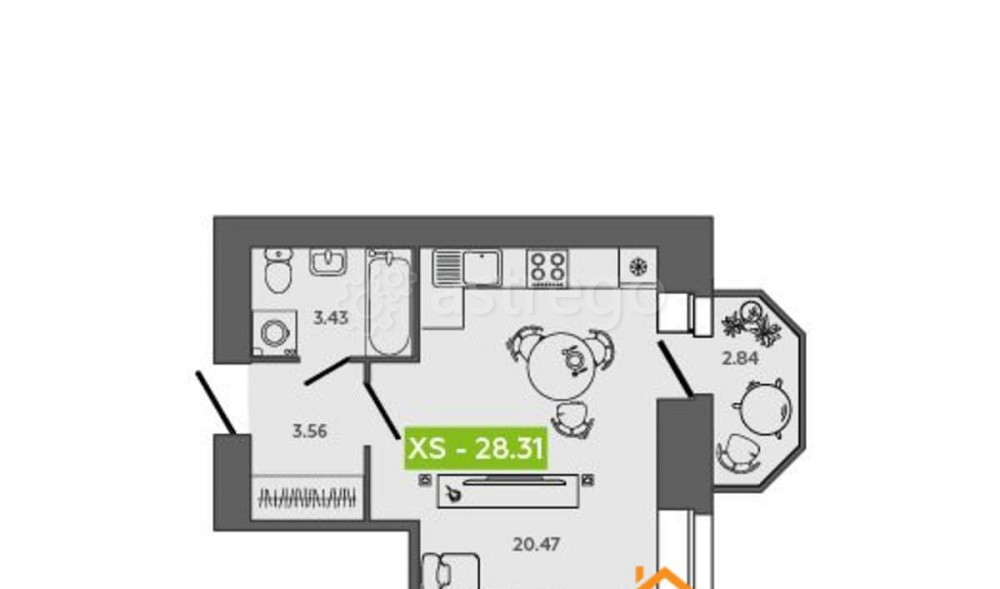 Студия, 28.31 м2, 8/9 эт. Северодвинск - изображение 1