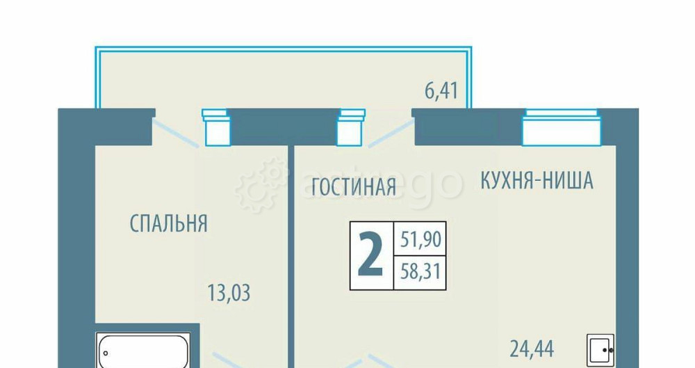 2-комн. квартира, 58.31 м2, 1/5 эт. Железногорск - изображение 1