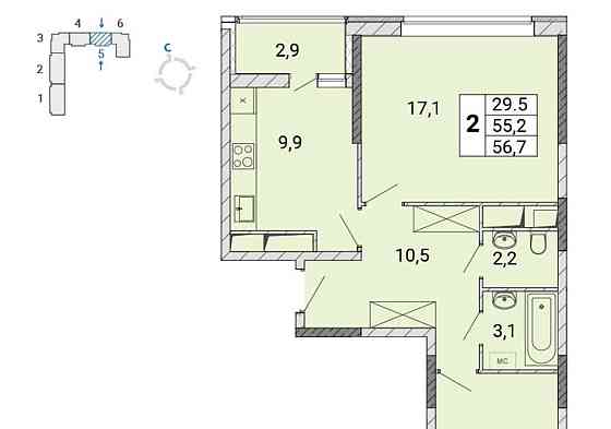 2-комн. квартира, 56.8 м2, 11/17 эт. Балашиха
