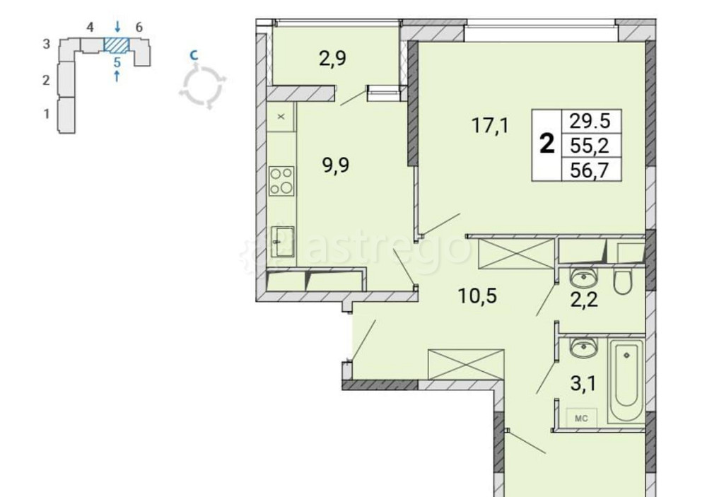 2-комн. квартира, 56.8 м2, 11/17 эт. Балашиха - изображение 1