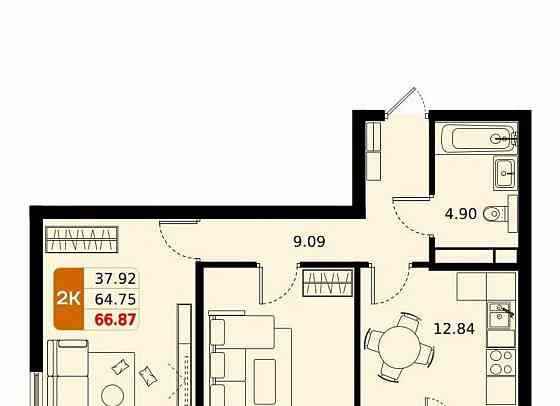 2-комн. квартира, 66.87 м2, 14/17 эт. Домодедово